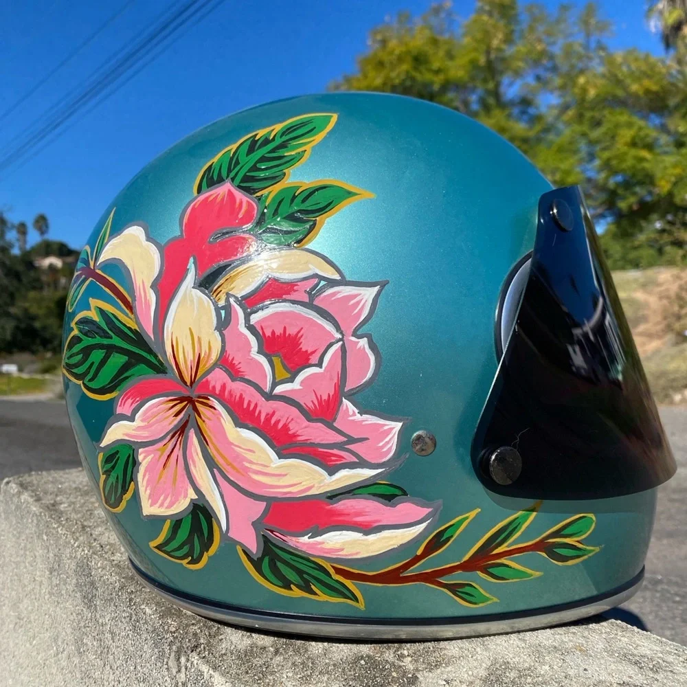 Hand Painted Rose Floral Biltwell Gringo Seafoam Green Motorcycle Helmet Size M - Picture 2 of 5